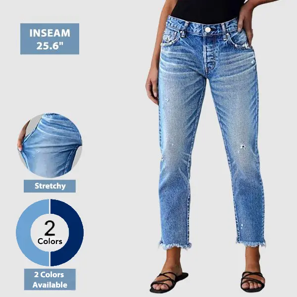 Flamingals Raw Hem Ripped Mid Waist Straight Leg Crop Jeans Womenswear Stretchy 25.6" Inseam