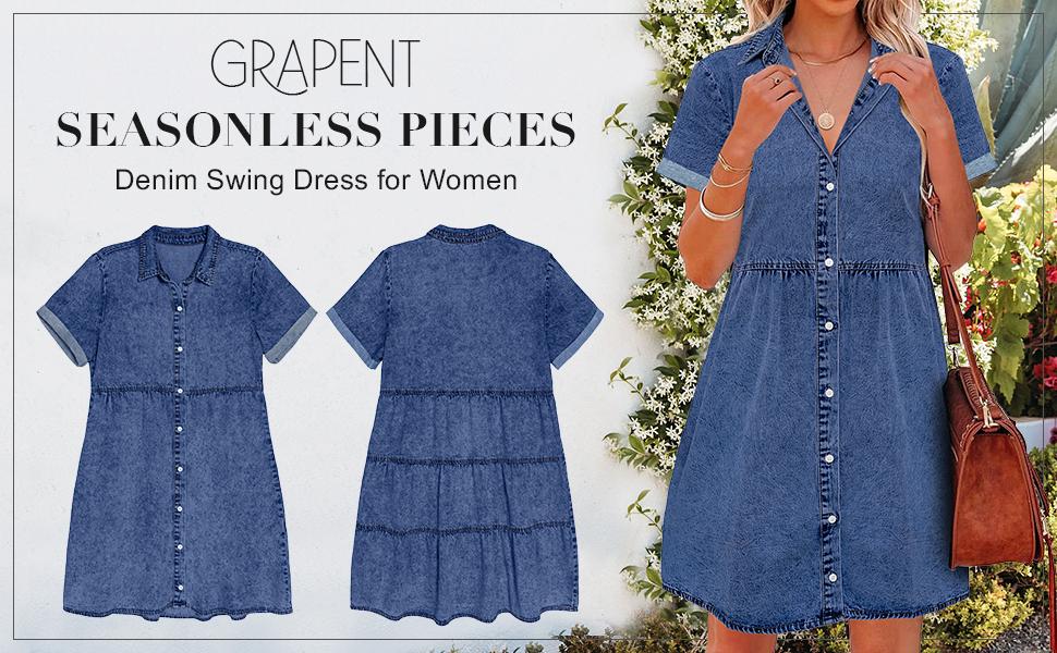 GRAPENT Denim Dress for Women Babydoll Tiered Short Sleeve Button Down Jean Shirt Dresses SpringStatements