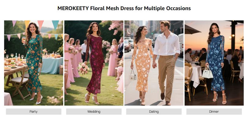 MEROKEETY Women's Fall Cocktail Formal Wedding Guest Dress Long Sleeve Maxi Bodycon Floral Mesh Winter Party Dresses
