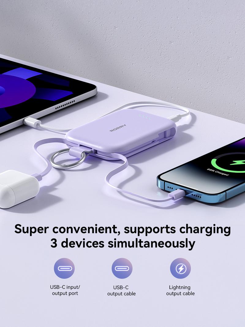 RORRY Portable Charger 5000mAh Power Bank with Type-C Dual Lightning Cables Keychain for iPhone Android iPad Switch Lightweight Compact Gift