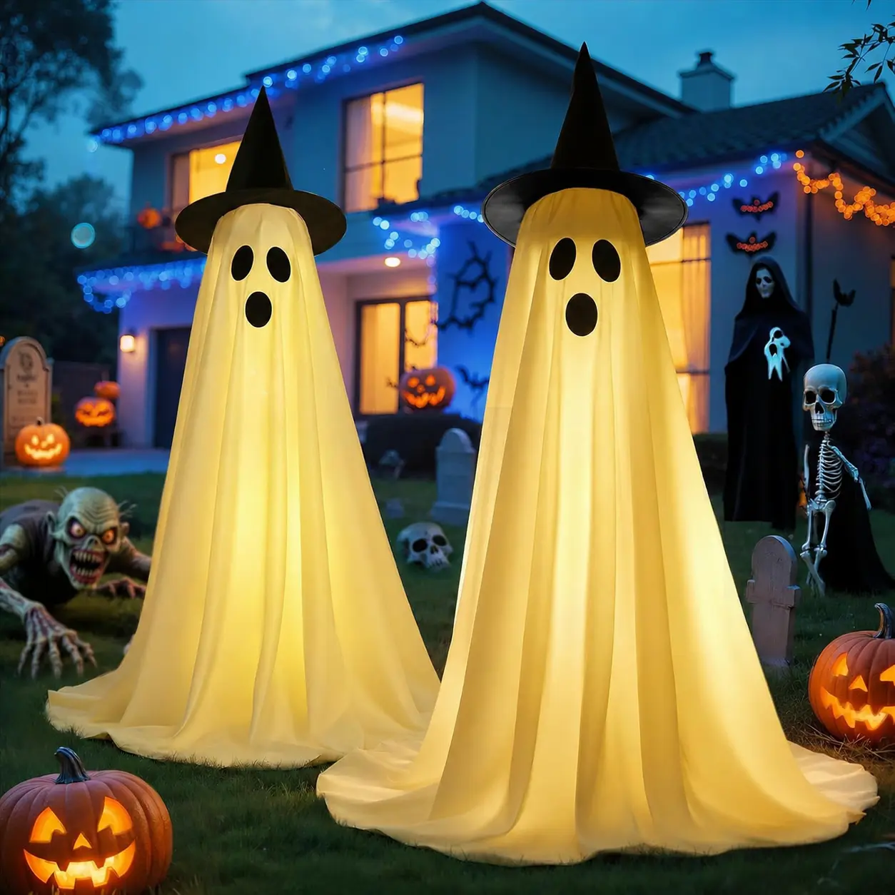 QCLTY 2-Piece Spooky Ghost Motif LED Light Halloween Decorations Outdoor Set Pack, Adjustable Height Battery-Powered String Light Kit, Easy-to-Assemble Holiday Party Decorations Ideas for Front Door, Spooky Fun Home Supplies, Holiday Decorations
