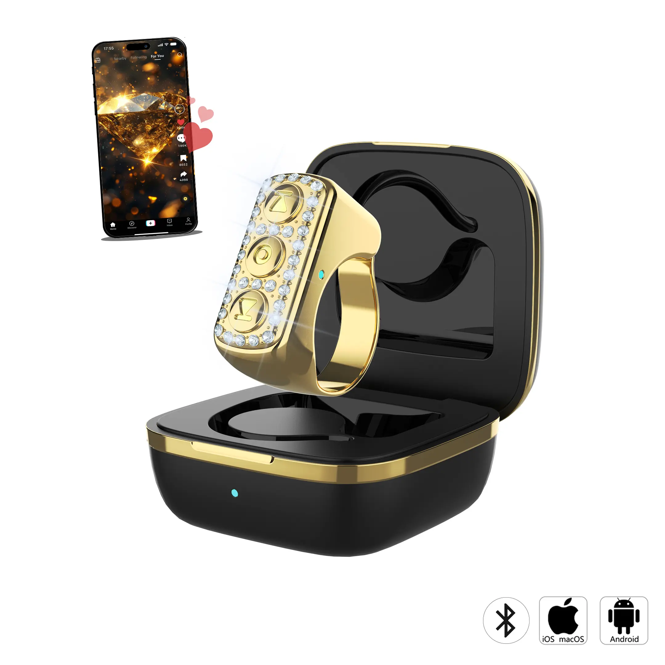 Xring Glitter Diamond Bluetooth Scrolling Ring Remote Control - Camera Accessories, Smartphone Selfie & Non-Kindle Ebook Page-Turning Tool, Compatible with iPhone, iPad, Android, Gold Christmas Gift