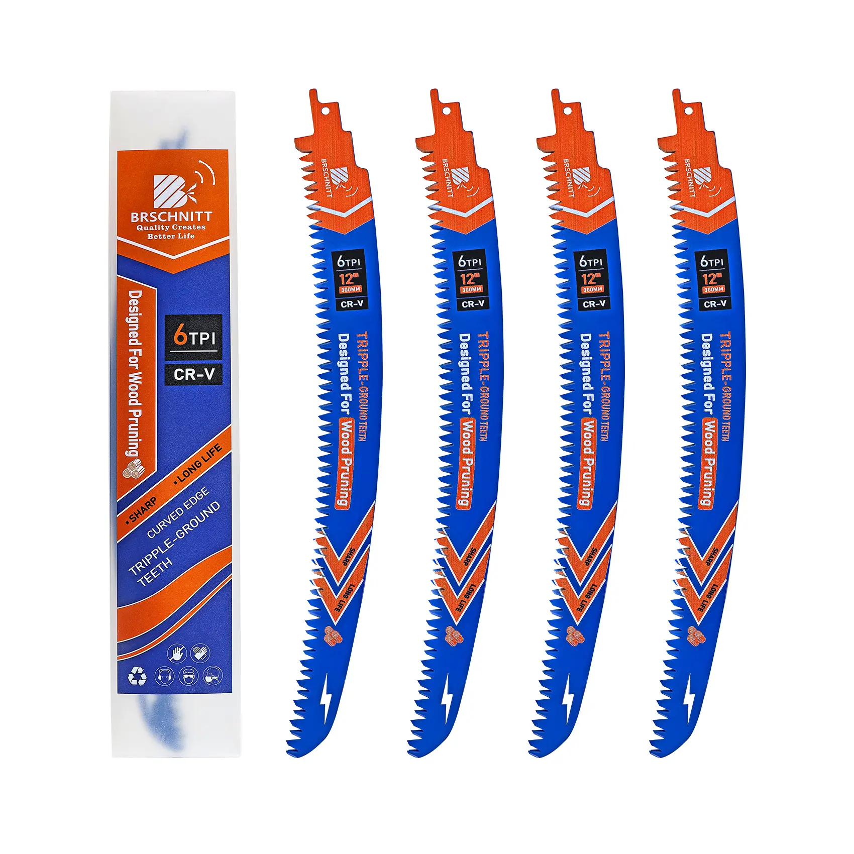4PCS Japanese Tooth Reciprocating Saw Blades – 12" & 15" Curved Wood Pruning Blades | 6 TPI for Tree Trimming | BRSCHNITT