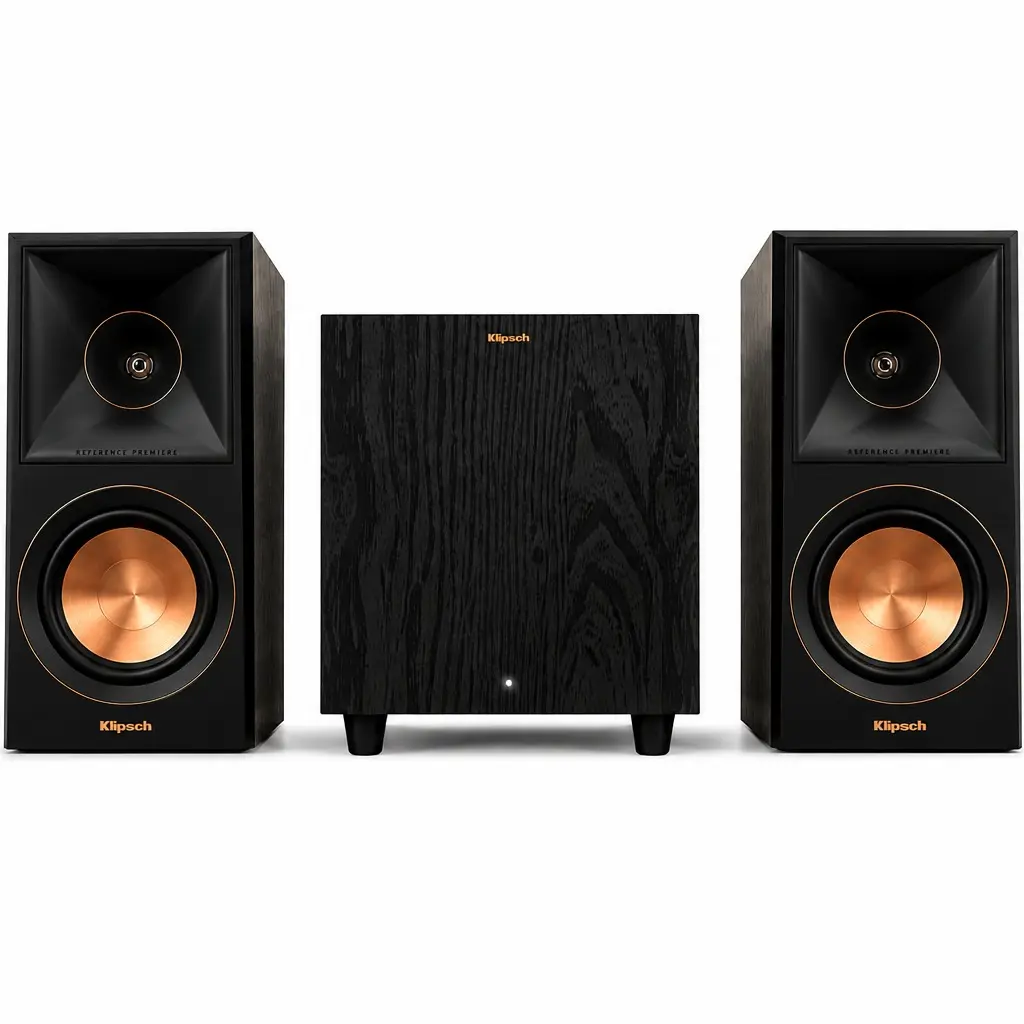 Klipsch Audio Bundle Pack: Award-Winning RP-600M II Walnut Compact Bookshelf Stereo Speakers, 8-Inch R-80SWi Wireless 8-Inch Subwoofer, Bi-Wiring/Bi-Amping Capability, All-Digital Amplifier-Compatible for Vinyl, Music Setup, Watch Party Deep Bass, Flexibl