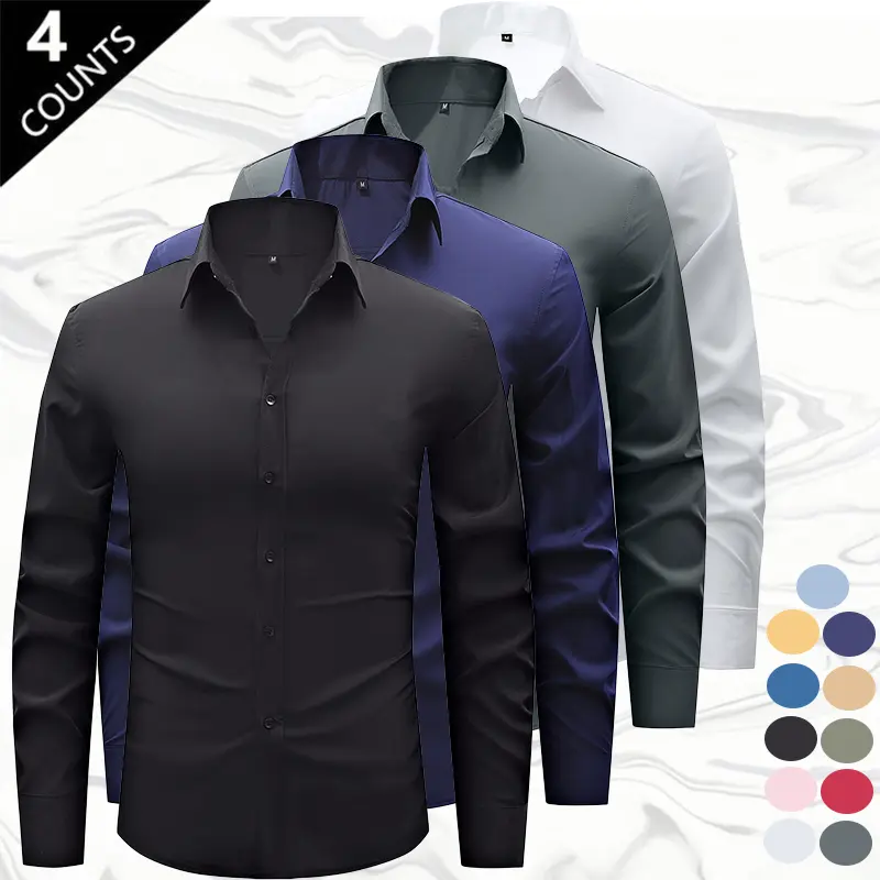 Men's Light-Luxury Four-Pack Long-Sleeve Dress Shirts in Mature Business Style for Commuting & Formal Occasions High-Quality Skin-Friendly Breathable Fabric with Elegant Turn-Down Collar Menswear Top - Stylish