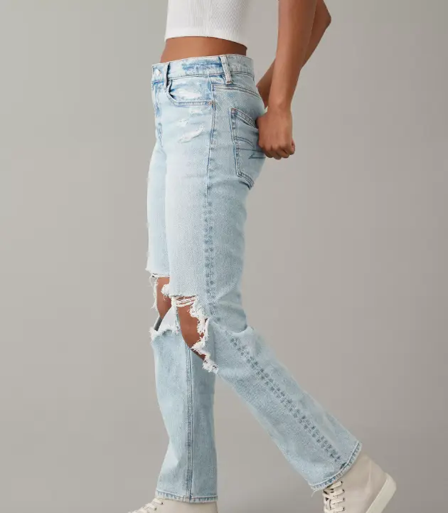 Women's High-Waist Washed Straight Leg Jeans, Ripped Ankle, Stretch Cotton Fabric, Everyday Wear Basic Bottoms, Denim Fit, Casual Fit Denim, Jeans For Women, Stretchy Jeans