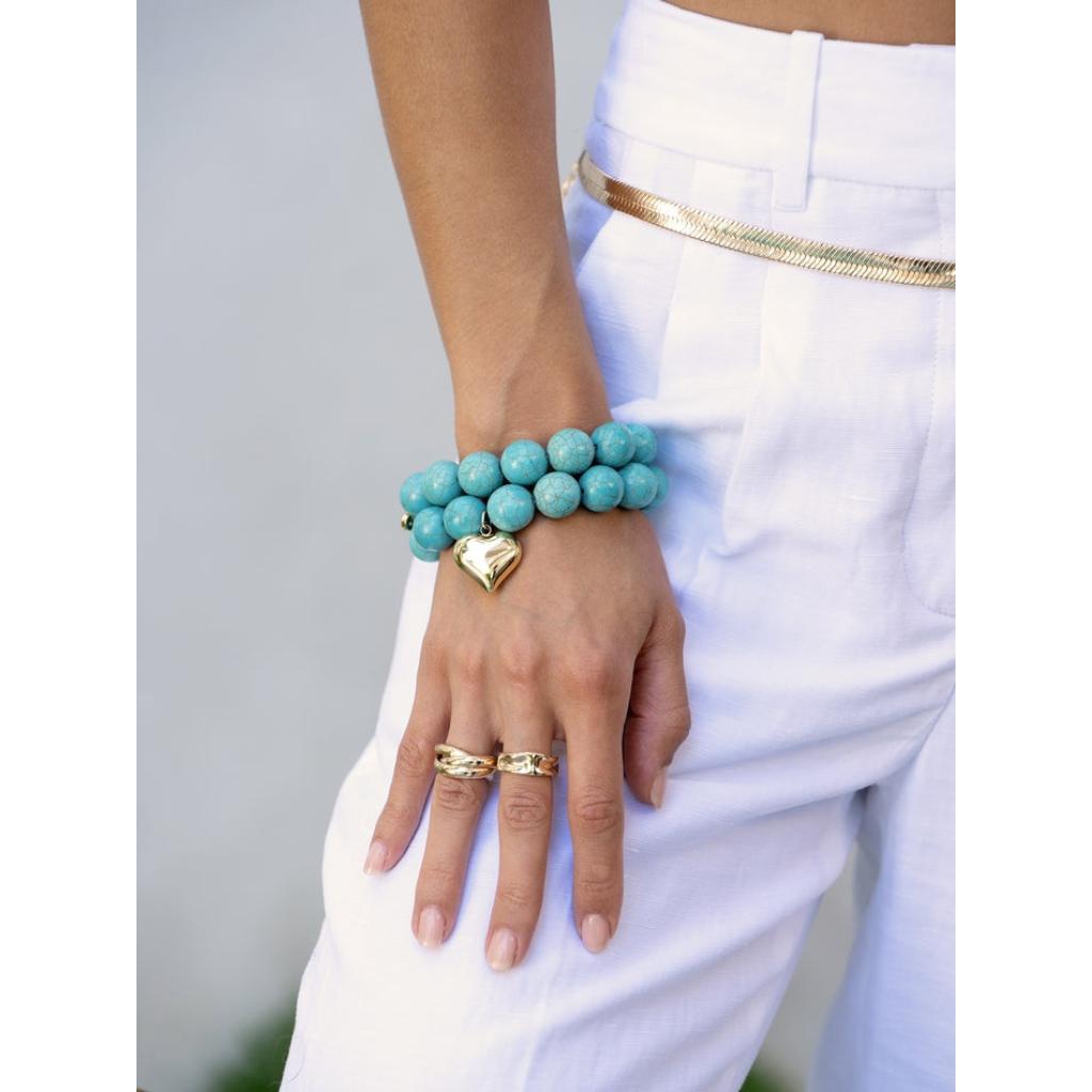 Ettika Luck and Love Turquoise Gold Bracelet for Women 18K Gold Plated Jewelry Stretch Elastic Design Comfortable Fit Perfect Gift for Her