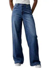 Women's High-Waisted Wide-Leg Loose Stretch Boyfriend Jeans Lightblue Minimalist Basic Bottoms for Daily Wear japanese  cuff  jeans kris  vervet  fashion comfortable slim jean new spring woman trendy fits