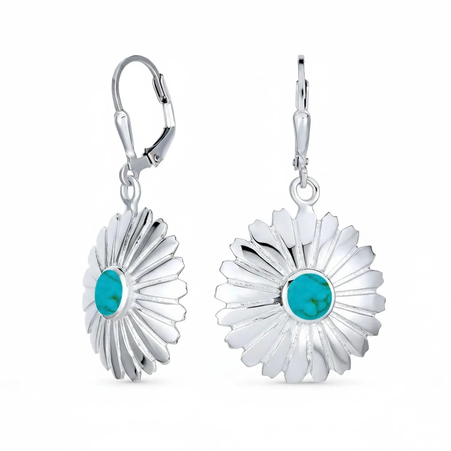Native American Style Blue Natural Turquoise Dangle Flower Earrings Sterling Silver Lever Back