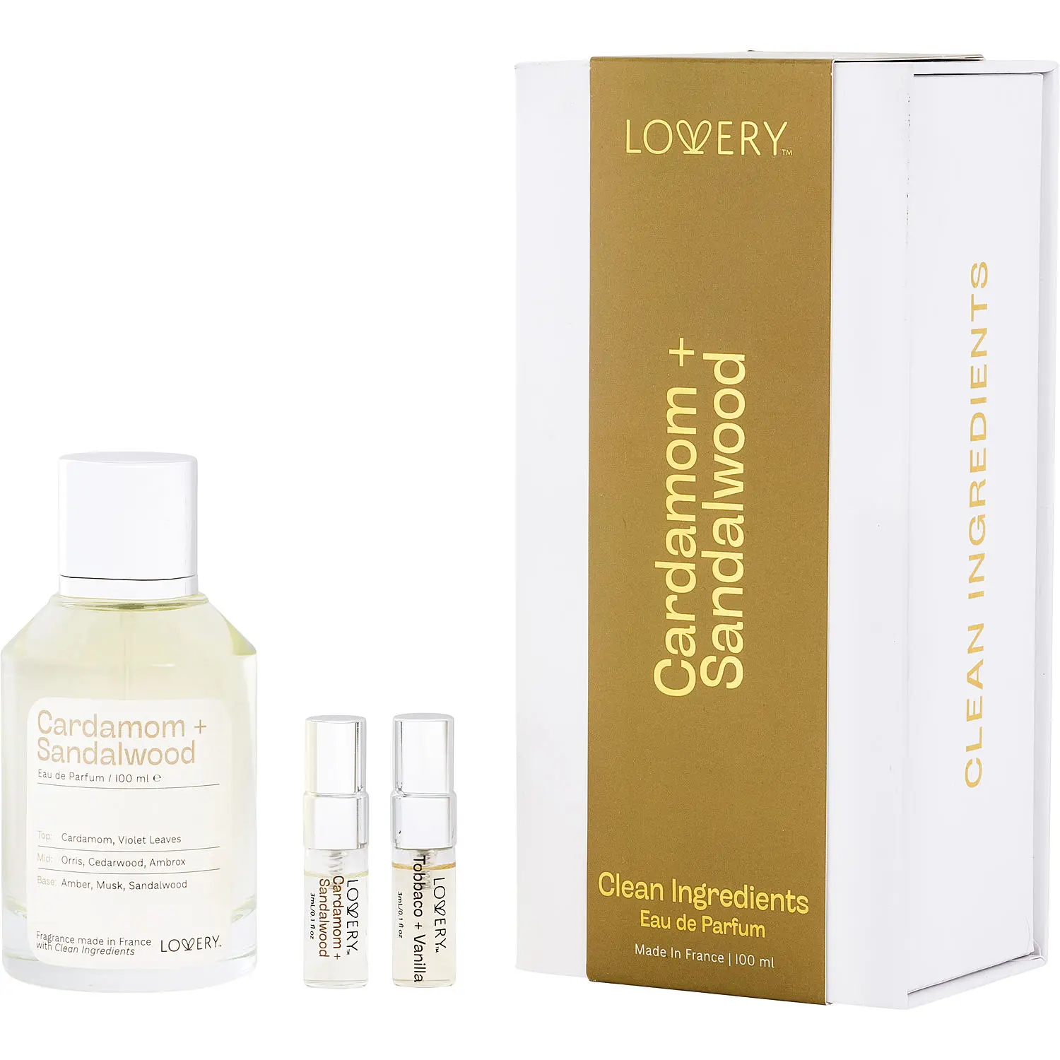 Lovery Cardamom + Sandalwood Set-Eau De Parfum Spray 3.38 Oz & Eau De Parfum Spray 0.33 Oz Mini & Tobacco + Vanilla Eau De Parfum Spray 0.33 Oz Mini For Unisex