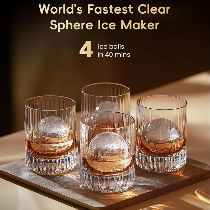 ecozy 2 Inch Clear Ice Ball Maker with CrystalFlux Technology, 4 pcs in 40 Mins, 144 pcs/Day, Sphere Ice Maker with Enhanced Insulation, Automatic Water Supply, Self-Cleaning, Automatic Ice Ball Maker for Whiskey & Bourbon