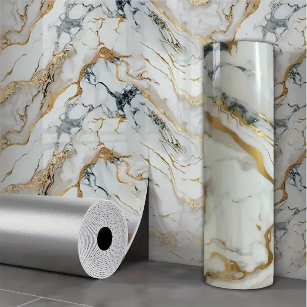A beautiful roll of glossy imitation marble pvc wallpaper, 118.11 inches x 15.7 inches, peel and stick , self-adhesive on the back, easy to install and cut, waterproof and, suitable for kitchen, bathroom, living room wall covering-modern aesthetics.