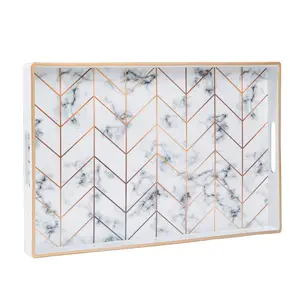Modern White Rectangular Serving Tray with Handles – 15.8" Marbled Plastic Decorative Tray for Ottoman, Coffee Table & Living Room Home Decor