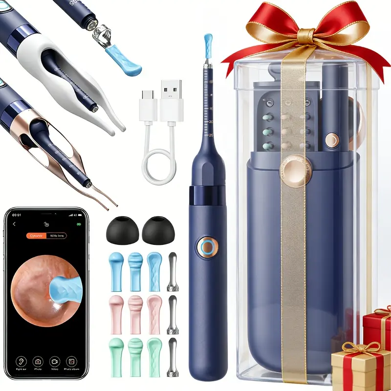 12pcs Gentle Silicone Earwax Removal Tool Set - Rechargeable Battery-Powered, with Light & Camera, Ear Cleaner for IOS & Android, Nose Picker, Self Care Products for First-Time Users & Family Members, Christmas Gift, 3P Precision Lens, Safety Stopper And,