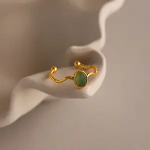 Open Sculpted Jade Ring by Caitlyn Minimalist - Green Oval Gemstone Ring in 18K Gold Finish - Adjustable Wavy Stacking Ring - Unique Jade Jewelry - Gift for Her