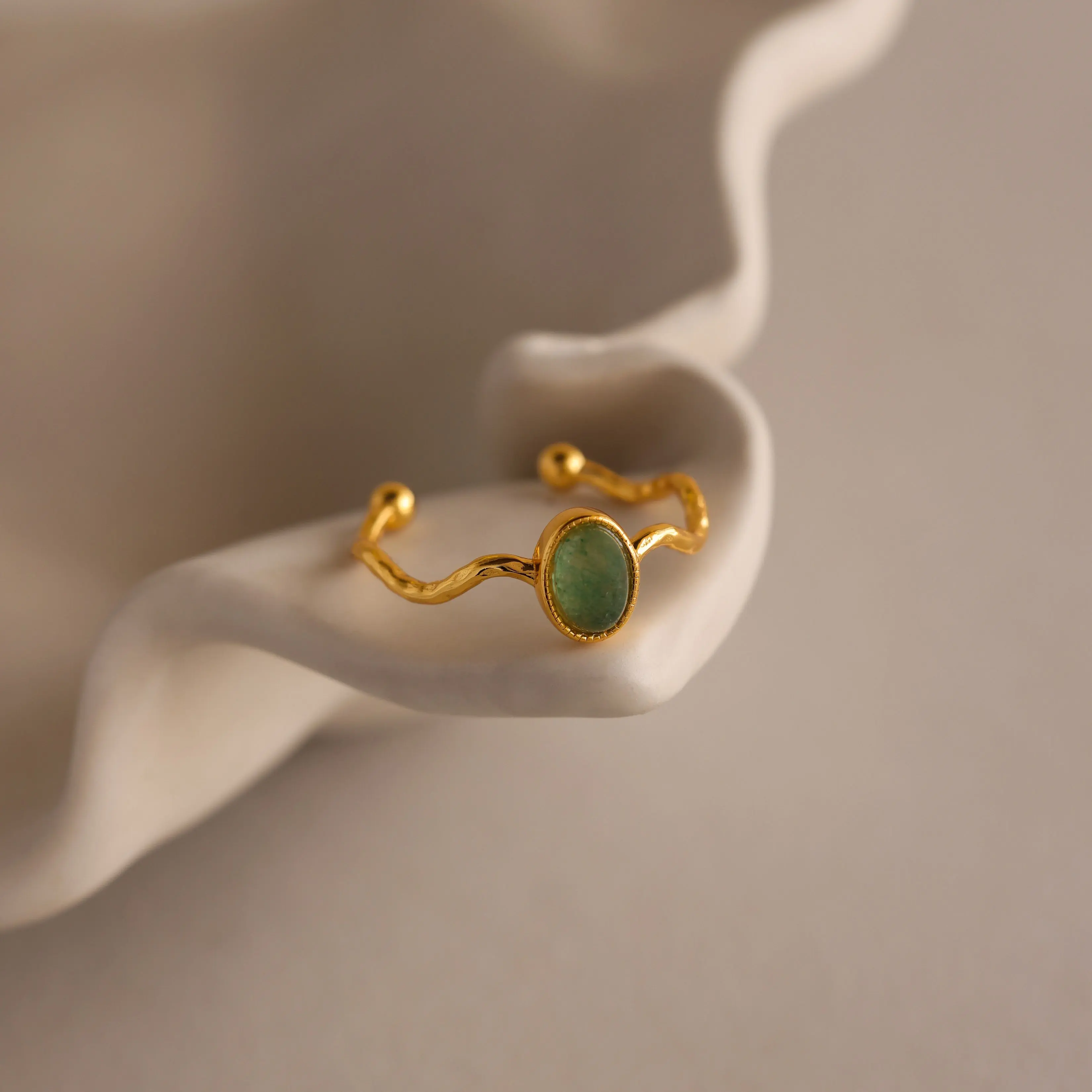 Open Sculpted Jade Ring by Caitlyn Minimalist - Green Oval Gemstone Ring in Gold - Adjustable Wavy Stacking Ring - Unique Jade Jewelry - Gift for Her