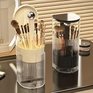 One-Touch Pop-Up Makeup Brush Organizer with Lid, Dustproof Cosmetic Brush Holder, 4-Compartment Large Capacity for Vanity, Bathroom Countertop, White