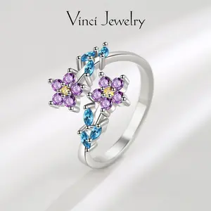 Sterling Silver Adjustable Opening Flower Ring with Purple and Blue Synthetic Zircon Jewelry, Elegant and Exquisite for Women & Girls as Birthday Valentine's Day Christmas Perfect for Suit and Daily Wear
