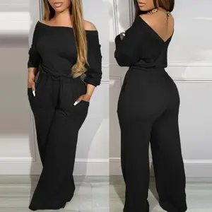 Women's Colorblock Off Shoulder Long Sleeve Jumpsuit V-Back Stretchy Waist Pocket Design Romper