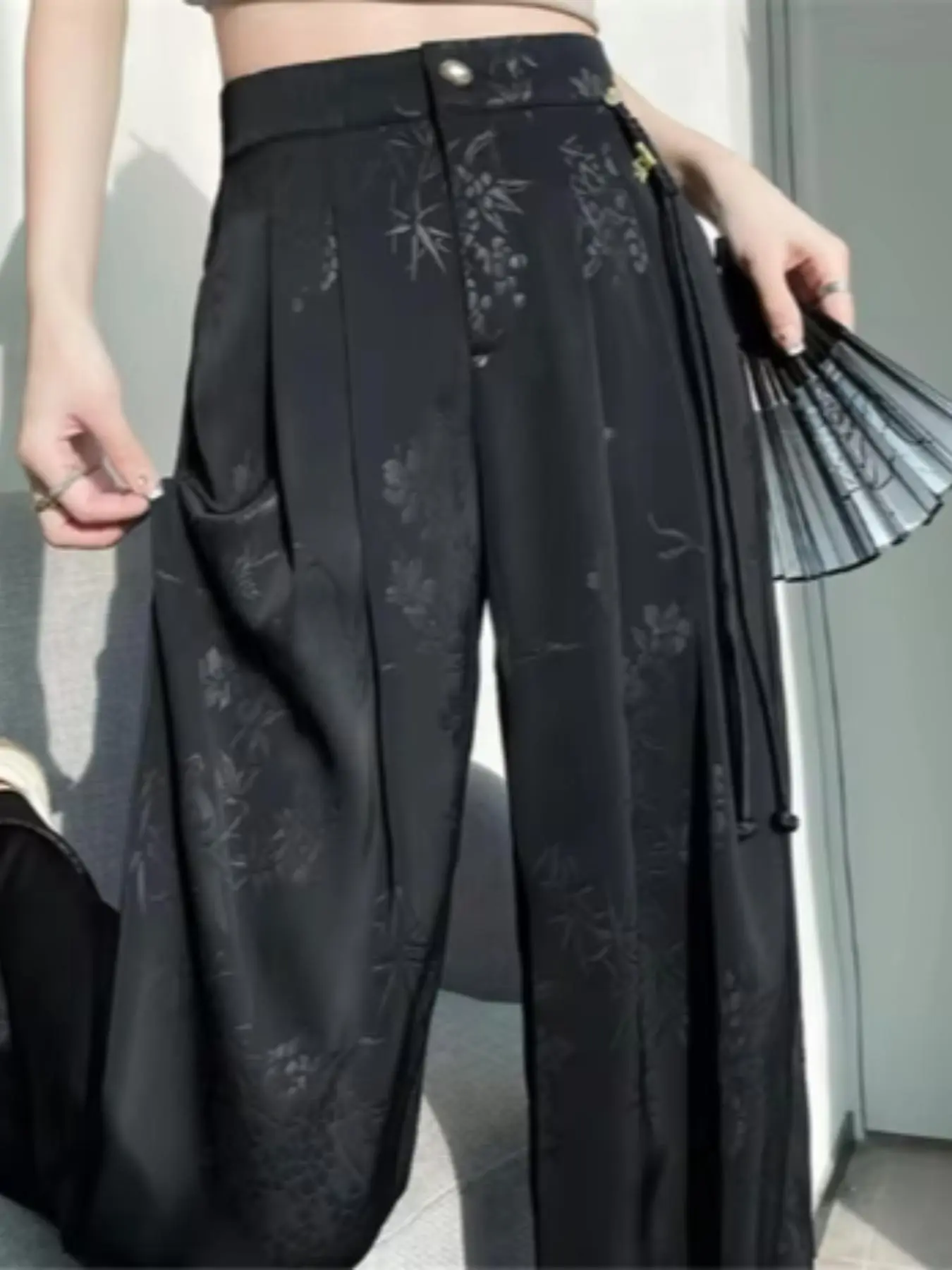 Chinese Style Floral Pattern Women's Wide Leg Pants, Elegant Slim Fit Trousers, All-Over Print, Flowing Fabric, Side Fringe Detail