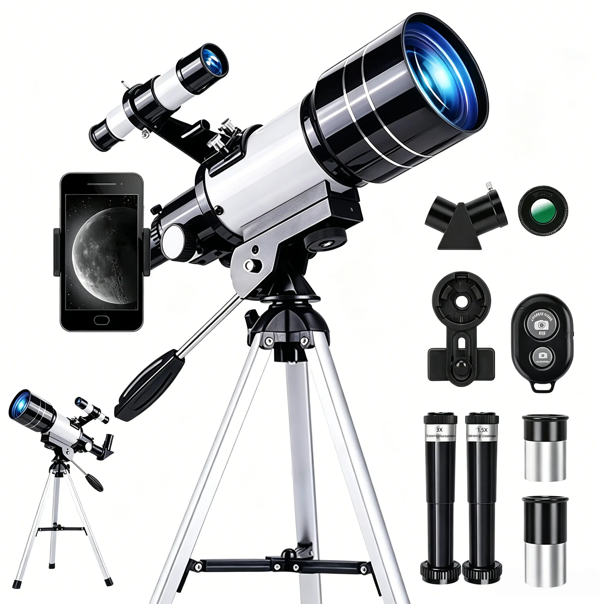 Refractor Astronomical Telescope for Beginners, Portable HD 70mm Large Aperture, 15X-150X Magnification, 360° Adjustable Bracket, Full Accessories: Tripod, 2 Eyepieces, 1.5X&3X Barlow Lenses, Moon Filter, Finder Scope, Zenith Mirror, Phone Adapter, Home,,
