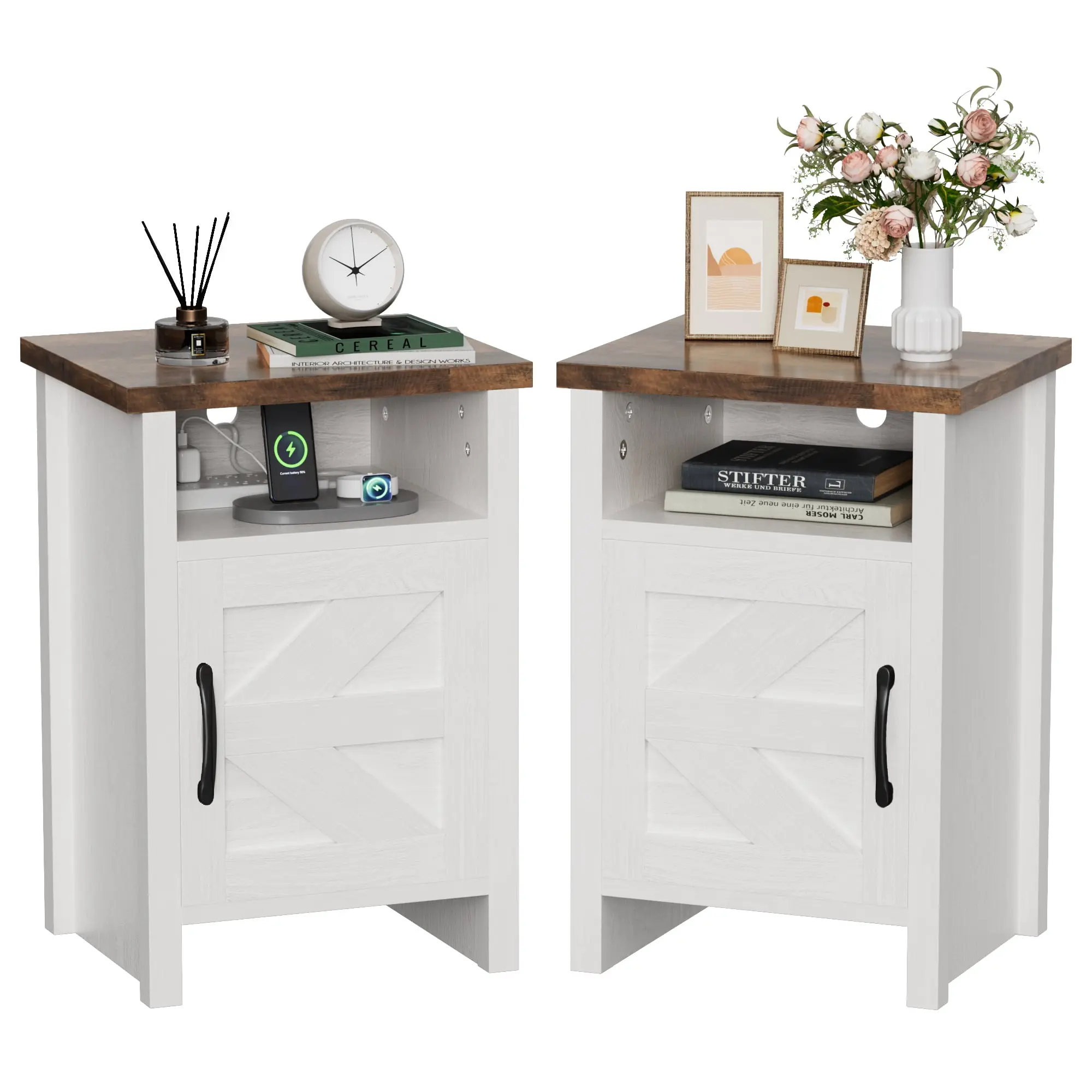 Furmax Farmhouse Nightstand Sets of 2, MDF+Pine Wooden Bedside Cabinets with Open Shelf Storage, Stable Strong Modern Furniture for Bedroom Home Decor Use