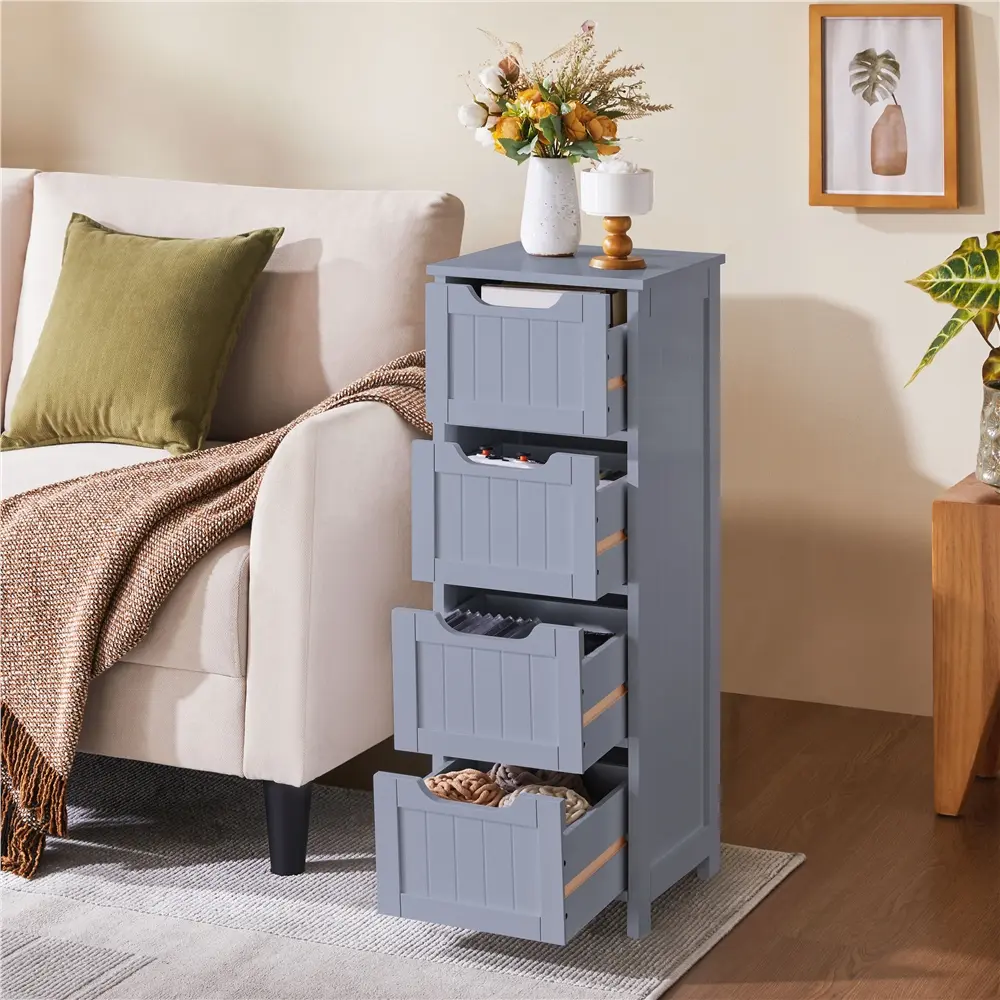 Costoffs Slim Freestanding Storage Cabinet - Modern Gray MDF Non-Plastic Plastic-Free Hinged Multi-Purpose Floor Cabinet, 4-Drawer Storage Cupboard for Bathroom Toiletries & Medications, Home Decor Organizer, Multi-Purpose Floor Cabinets,dorm essentials
