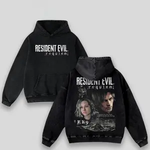 Resident Evil Re9 Remake Hoodie & T-Shirt Leon & Grace Ashcroft, Vintage Acid Wash Apparel, Survival Horror Game Merch, Gold Poster Pullover, Unisex Cotton Top