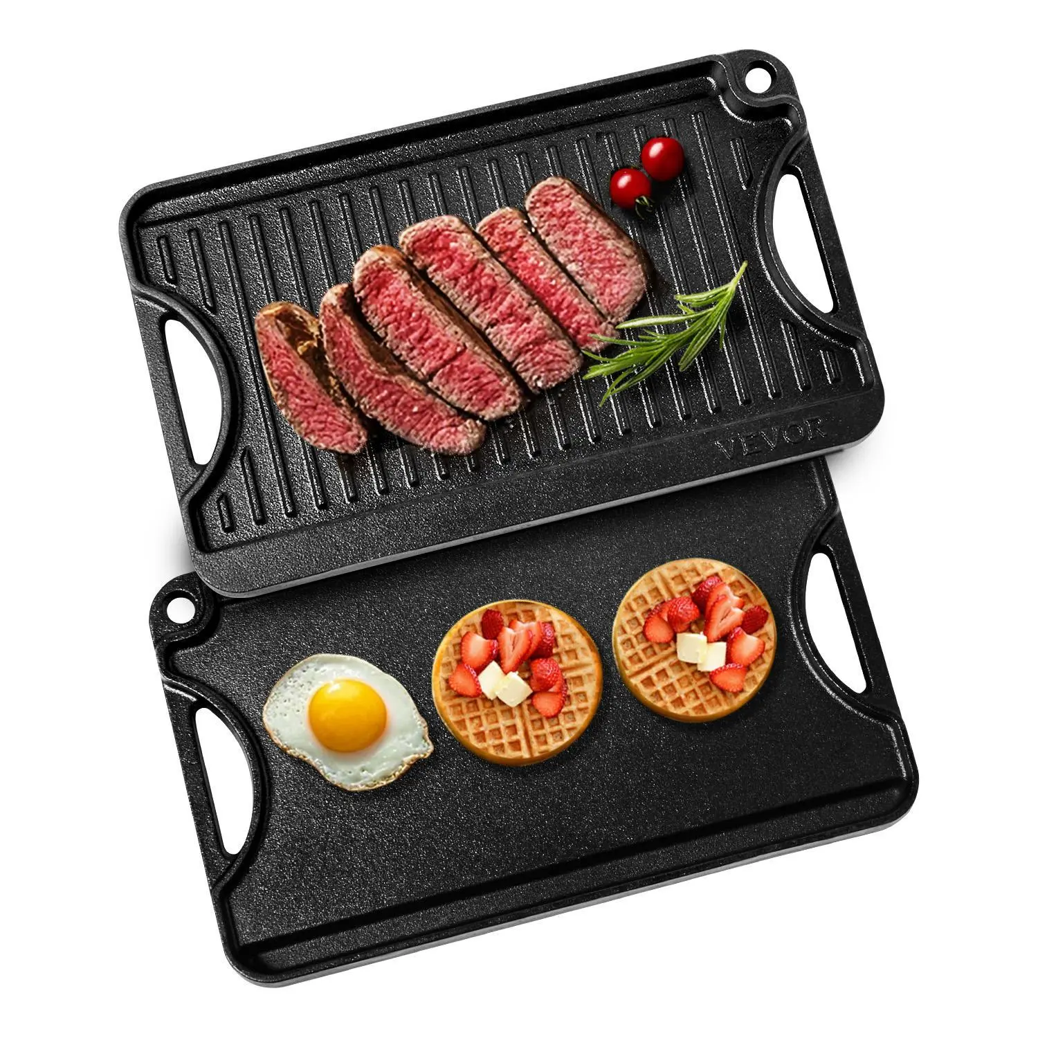 VEVOR 14x8.5 in Rectangular Pre-Seasoned Reversible Cast Iron Grill Griddle, Sturdy All-Stovetop Fit Induction Cookware with Handles, Black Flat Top Griddle Pan for Eggs#BackToSchool