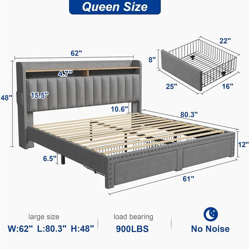 Bed Frame with Headboard and Storage, MATTRESS NOT INCLUDED OR OFFERED, Upholstered Bed Frame with Storage, 2 Drawers,, NO Noise, No Box Spring Needed Bed Frame with Headboard and Storage, MATTRESS NOT INCLUDED OR OFFERED, Upholstered Bed Frame with Storage, 2 Drawers,, NO Noise, No Box Spring Needed