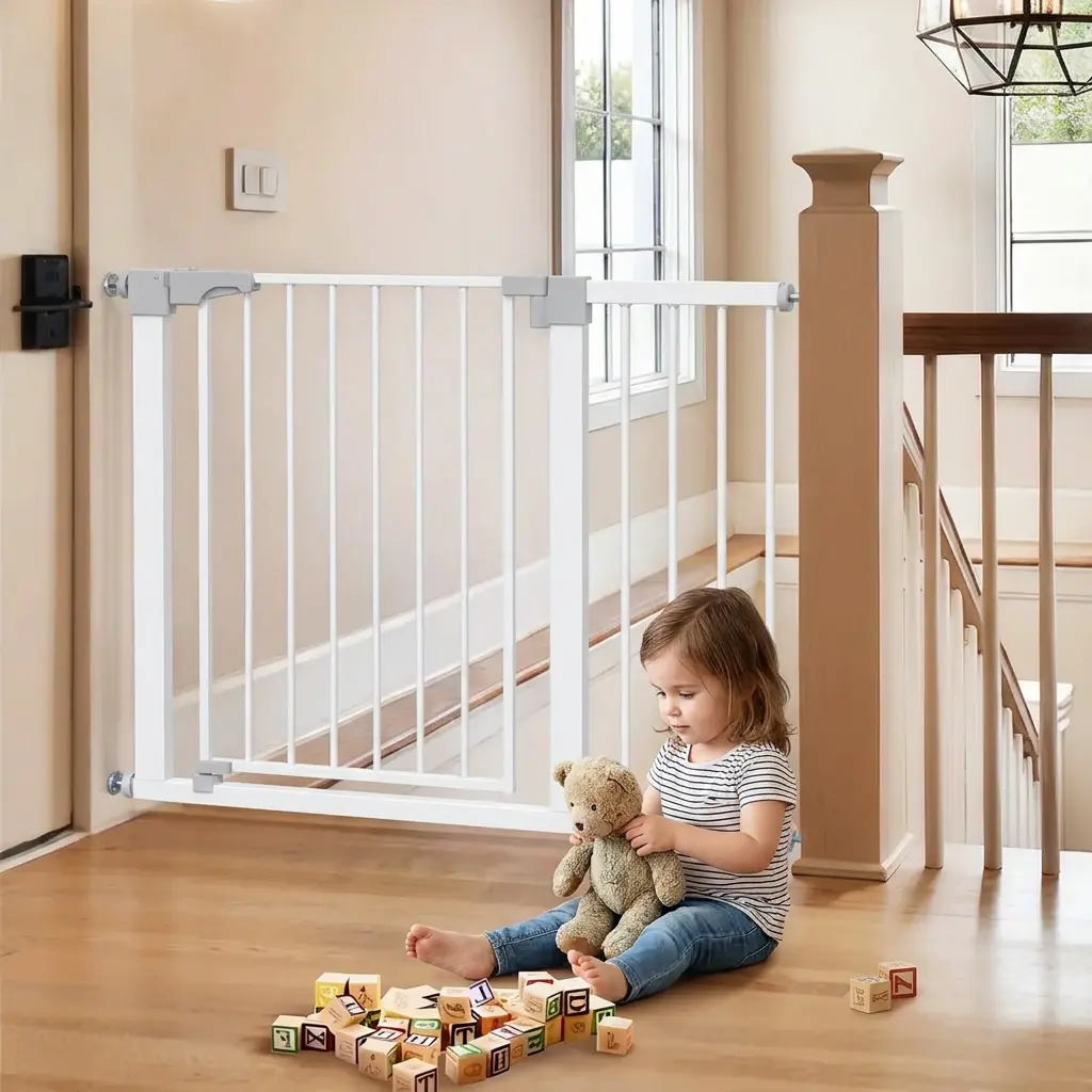 White Gate for Stairs and Doorways, 29.5"-44.1" Expandable Pressure Mounted Pet Gate with 23.6" Walk Through, Double-Lock Steel Dog Gate (No Drill)
