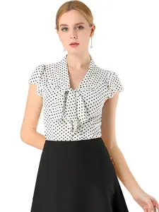 INSPIRE CHIC Polka Dots Tie Neck Summer Ruffled Cap Sleeve Blouse Top
