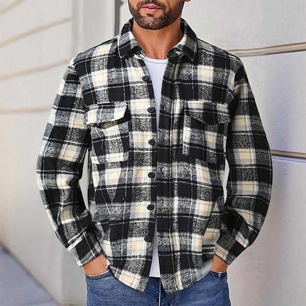 Men’s Black & White Plaid Flannel Shirt Jacket – Terry Fabric, Button Closure, Casual Style, Perfect for Autumn Layering and Streetwear Essentials