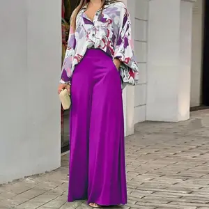 Women's Spring Suit Loose Elegant Casual Printed Shirt Top Wide Leg Pants Fashion Suit Women Clothes Womenswear Collars Comfy Elastic Modal