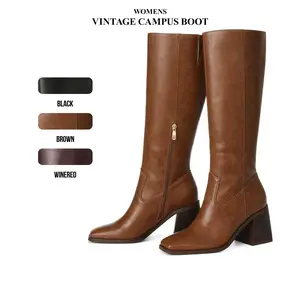 CYNLLIO Womens Vintage Campus Boots Knee High Trendy Square Toe Chunky Block Heel Boot Easy Side Zipper Pull on Fashionable Shoes Concert Party Long Boots Fall Spring Boots for Womens