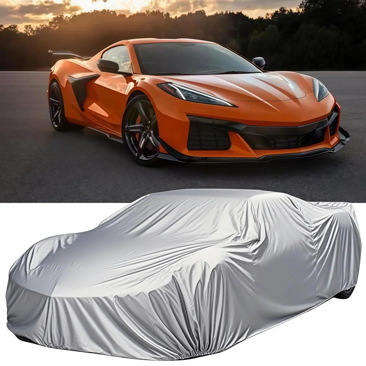 6-Layer Cotton Car Cover for Chevrolet Corvette C3-C8 Coupe, Durable Breathable Ventilated Sunshade for Car Outside, Waterproof UV Protection Against Rain Dust Snow Scratches, 4-Season Indoor Outdoor Silver Cover