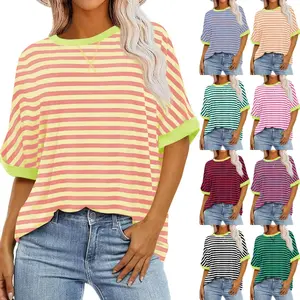 LAICIGO Womens Summer Casual Comfy Oversized Striped Tee Shirt Fashion Loose Fit Color Block Half Sleeve Crew Neck Tops