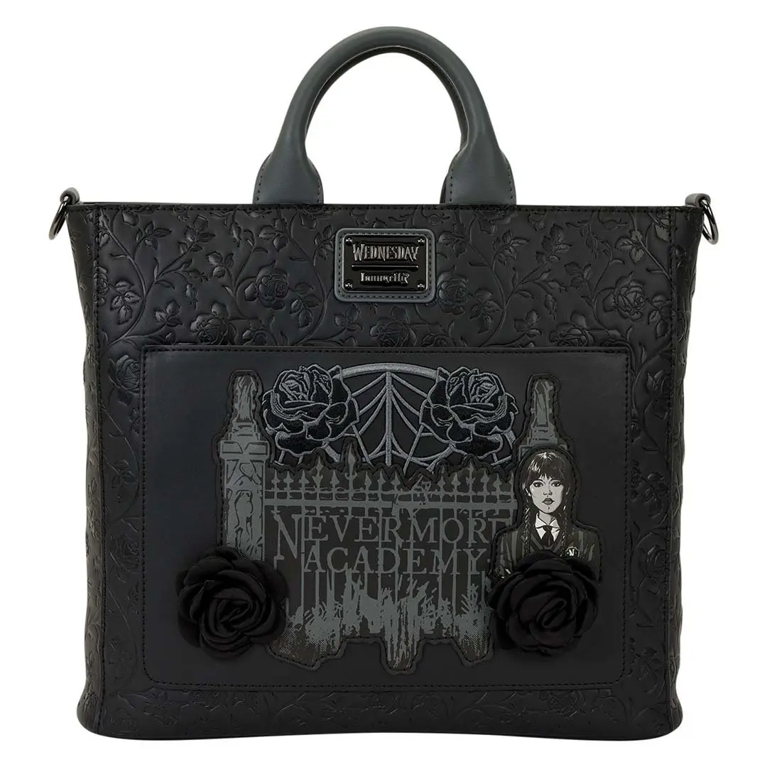 Loungefly Women's MGM Wednesday Black Roses 2-in-1 Convertible Crossbody Backpack Purse Tote Bag, Graphic, Casual