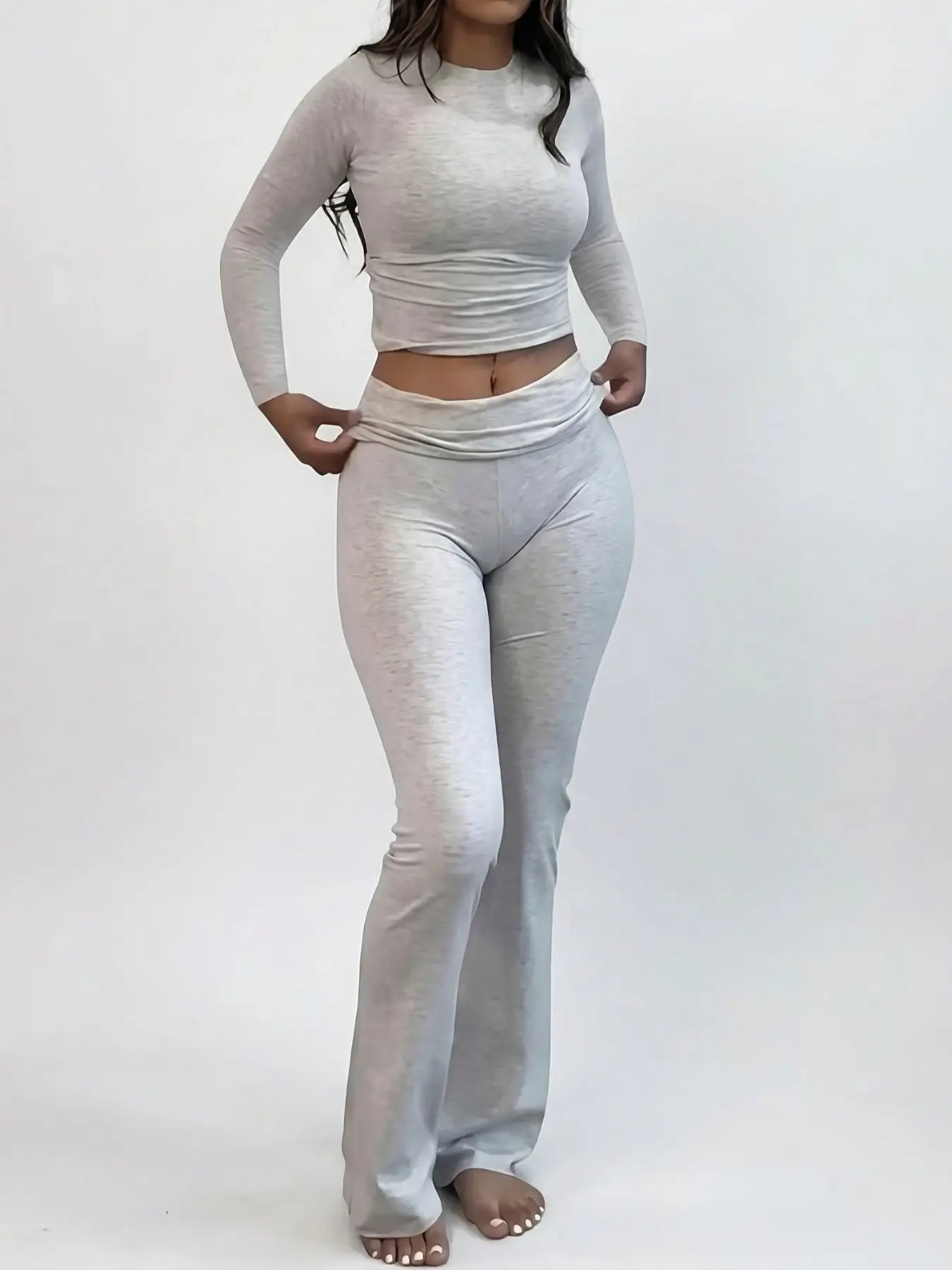 Women's Solid Basic Long Sleeve Crop Tee & Flare Leg Skinny Pants Loungewear Set, Casual Round Neck Top & Bell Bottom Leggings, Sleepwear Set for Women