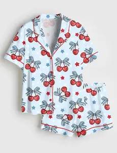 Patriotic Cherry Coquette Satin Pajama Set for Women, Bow Print Long Sleeve Girly Sleepwear, PJs Gift for Her