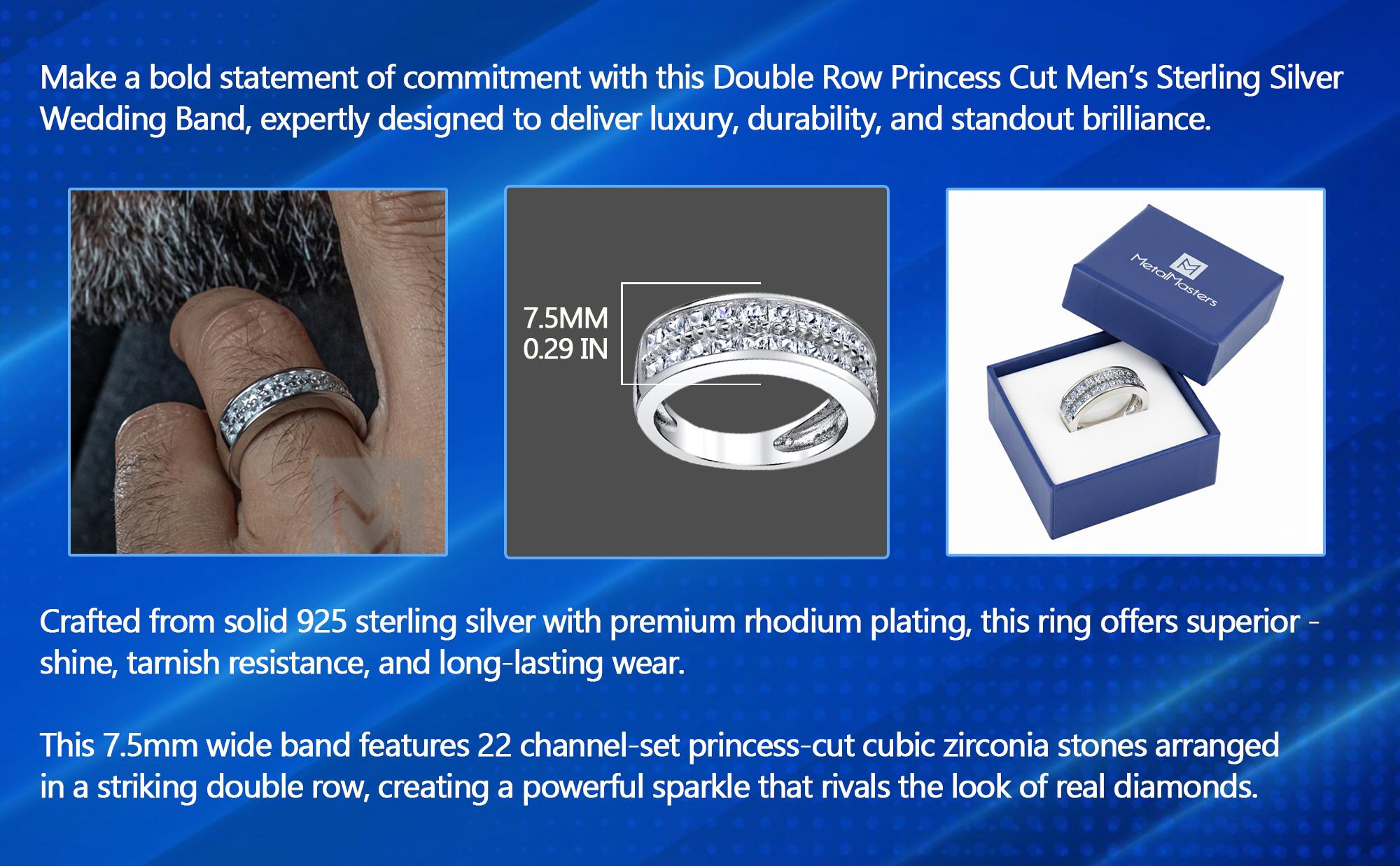 Double Row Princess Cut Men's Sterling Silver Wedding Band Engagement Ring with Cubic Zirconia 7.5mm Sizes 7 to 13