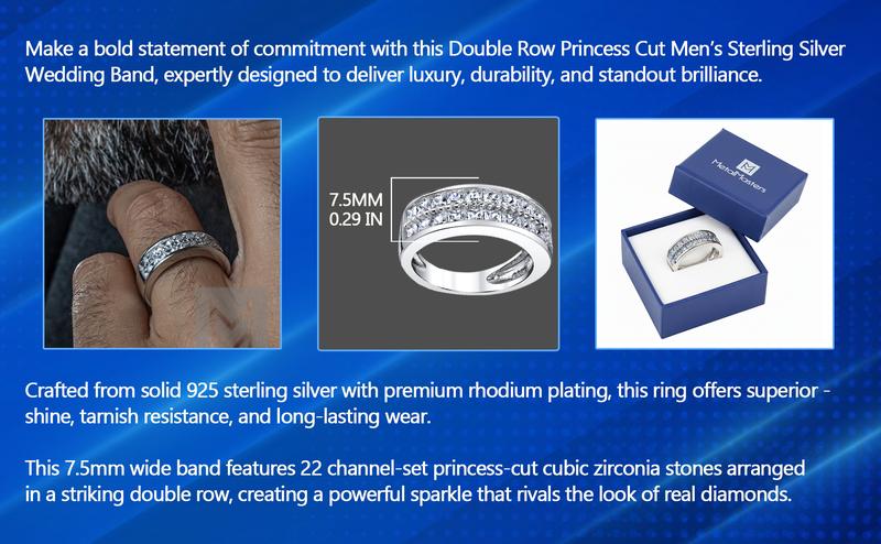 Double Row Princess Cut Men's Sterling Silver Wedding Band Engagement Ring with Cubic Zirconia 7.5mm Sizes 7 to 13