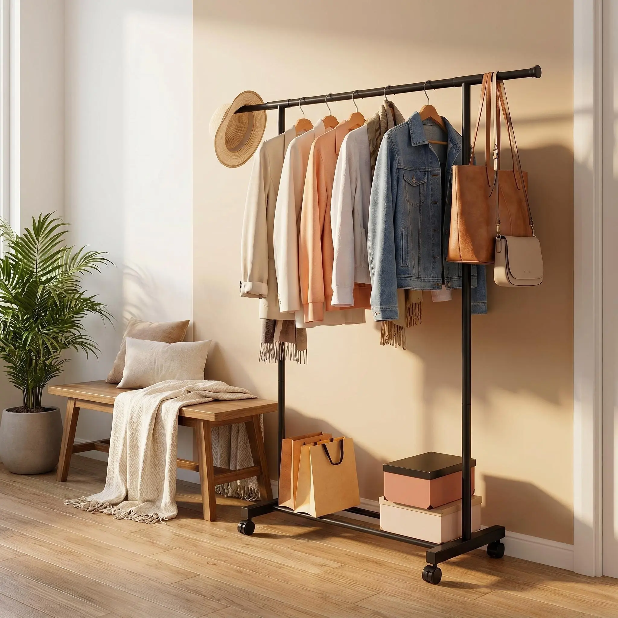 Metal Clothing Garment Rack - Home Durable Extendable Pole Expandable Hang Bar Hanging Rod Drying Rack with 31.5-55.12 In Rolling Wheels, Portable for Living Room, Bedroom, Durable Drying Racks