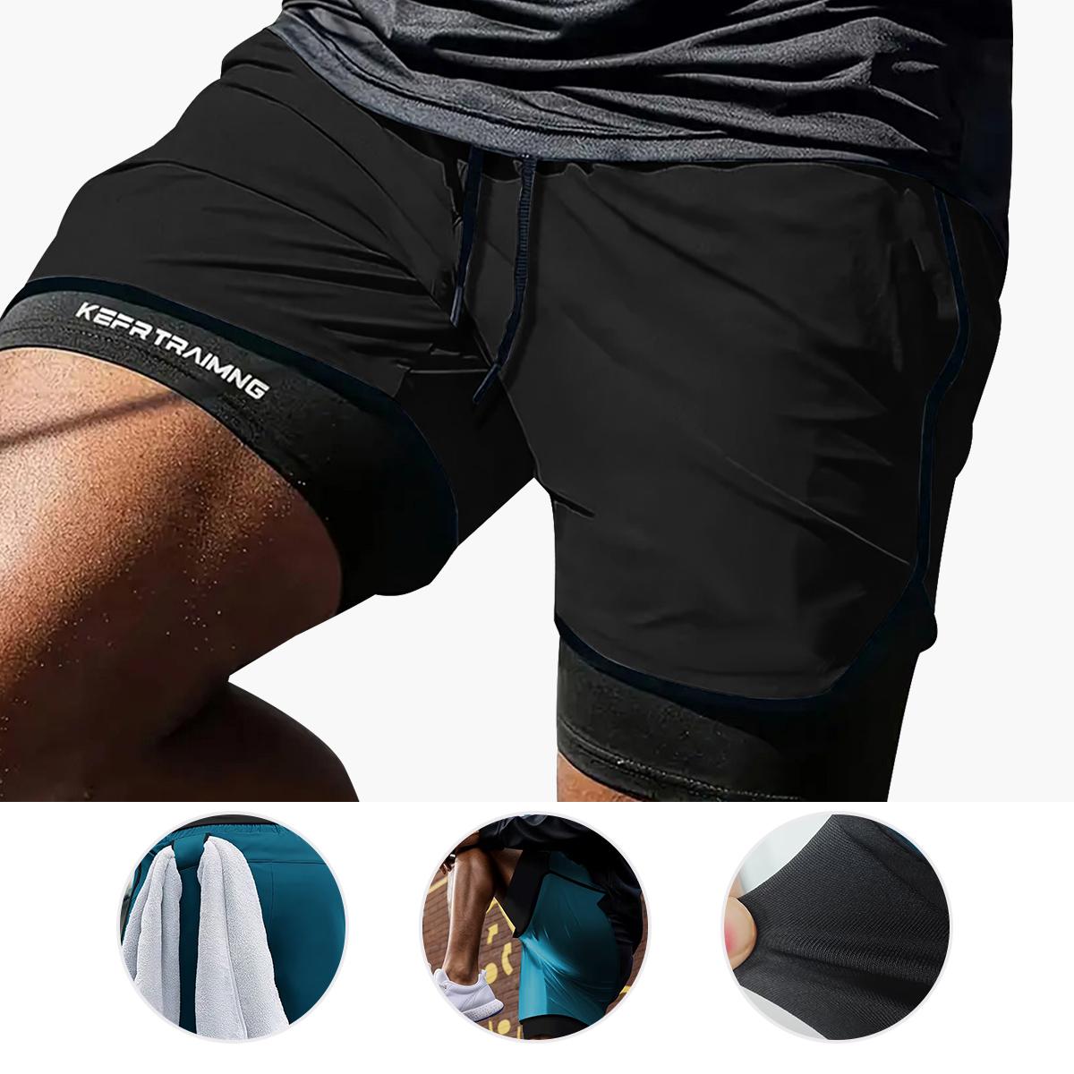 Men's two-piece double-layer sports shorts in solid color, with multiple pockets, suitable for fitness, running, outdoor hiking, soccer, beach and casual wear.