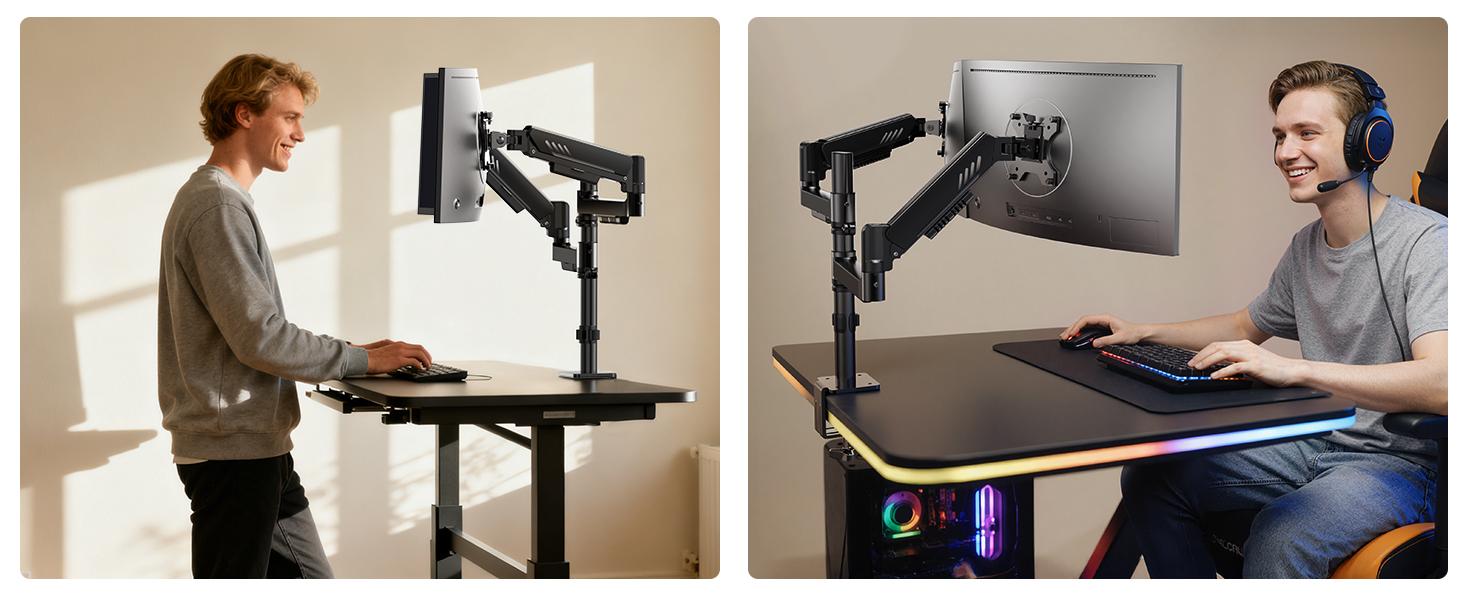HUANUO Supports 13-32″ screens, up to 19.8 lbs per arm. Features built-in C-clamp, enhanced stability, and upgraded cable management. VESA 75x75mm/100x100mm compatible. Black finish.