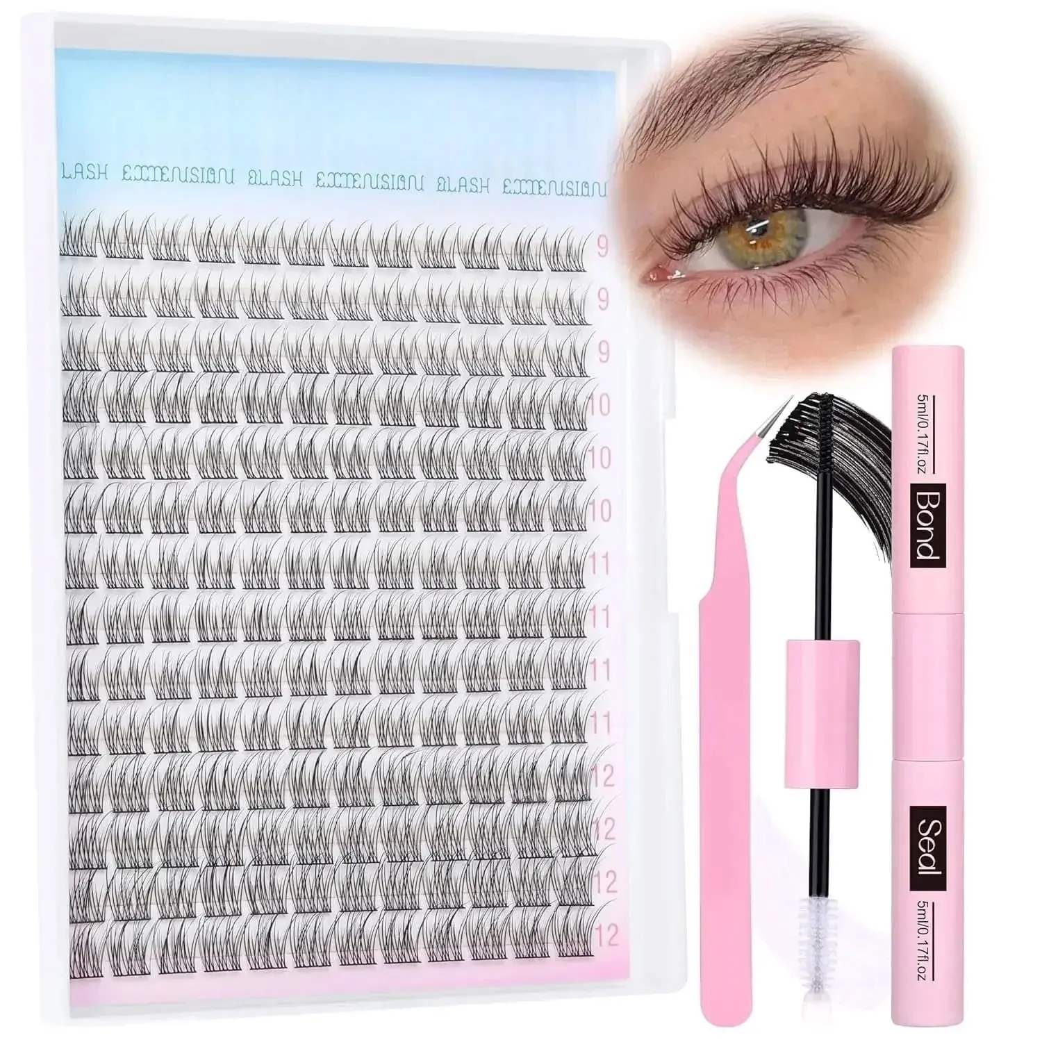 Natural Lash Extension Kit  Lash Clusters Kit Wispy Eyelash Extensions Individual  with Bond and Seal Lash Glue and Eyelash Extension Tweezers DIY at Home