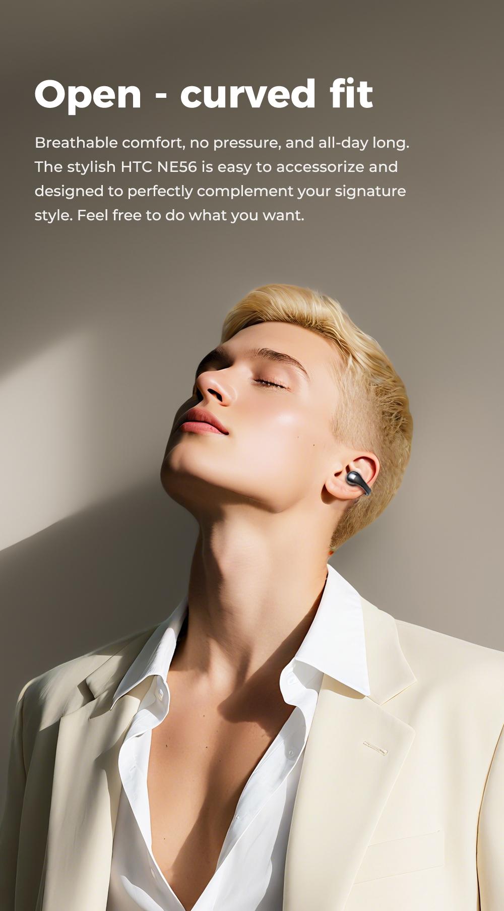 HTC NE56 OWS - The latest clip-on earphones from 2025. Bluetooth headset (6.0), IPX5 water resistance, and a built-in microphone. Super comfortable to wear and excellent sound quality.