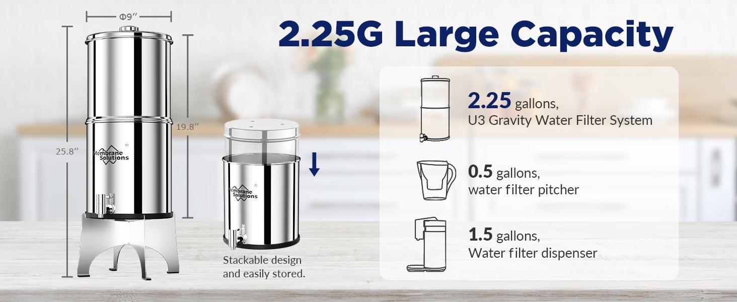 Membrane Solutions Stainless Steel 2.25G Gravity Water Filter Countertop Water Filtration System with 3 Pack 0.1-Micron UF Filters, for Home, Camping, and RVing (Basic Faucet)