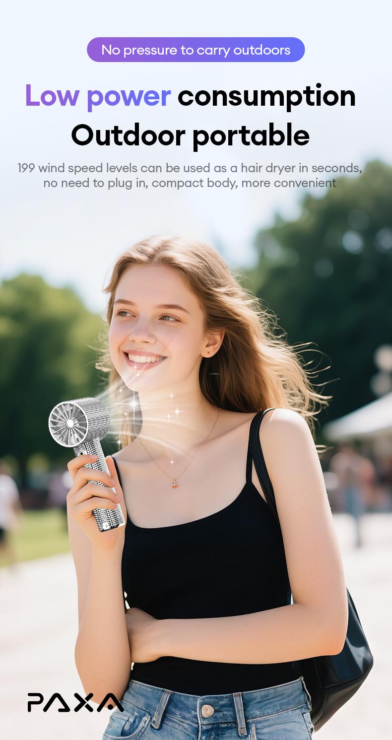 PAXA M15 Full Diamond Luxury Craftsmanship Portable Handheld Turbo Fan, 3 Gear Wind, Rechargeable Long Battery Life Hand Fan With Digital Display For Outdoor Activities, Travel, Office, Wonmen's gift