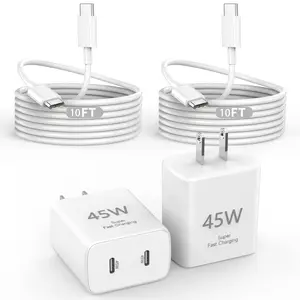 45W Dual Charging Kit Ultra-Fast Charging USB-C Dual-Port Android Phone Charger Type-C Fast Charging Adapter Includes 10-Foot Type-C Charging Cable Compatible for Samsung Galaxy S25/S25 Ultra/S25+/S24 Ultra/S24/S24+/S23/S22 and iPhone 17